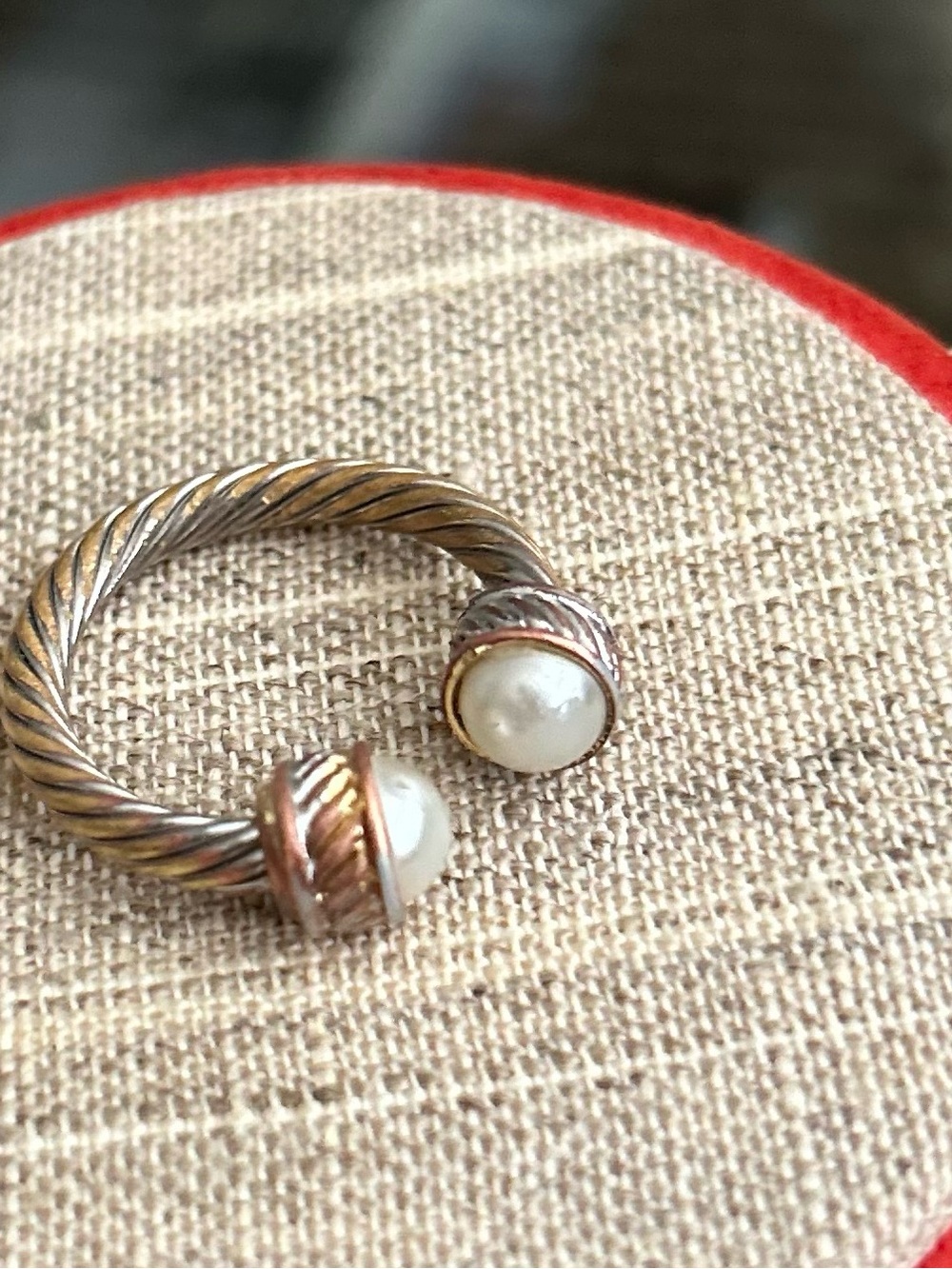 Two-Tone Cable Open Ring with Pearled Ends - Silver & Rose Gold